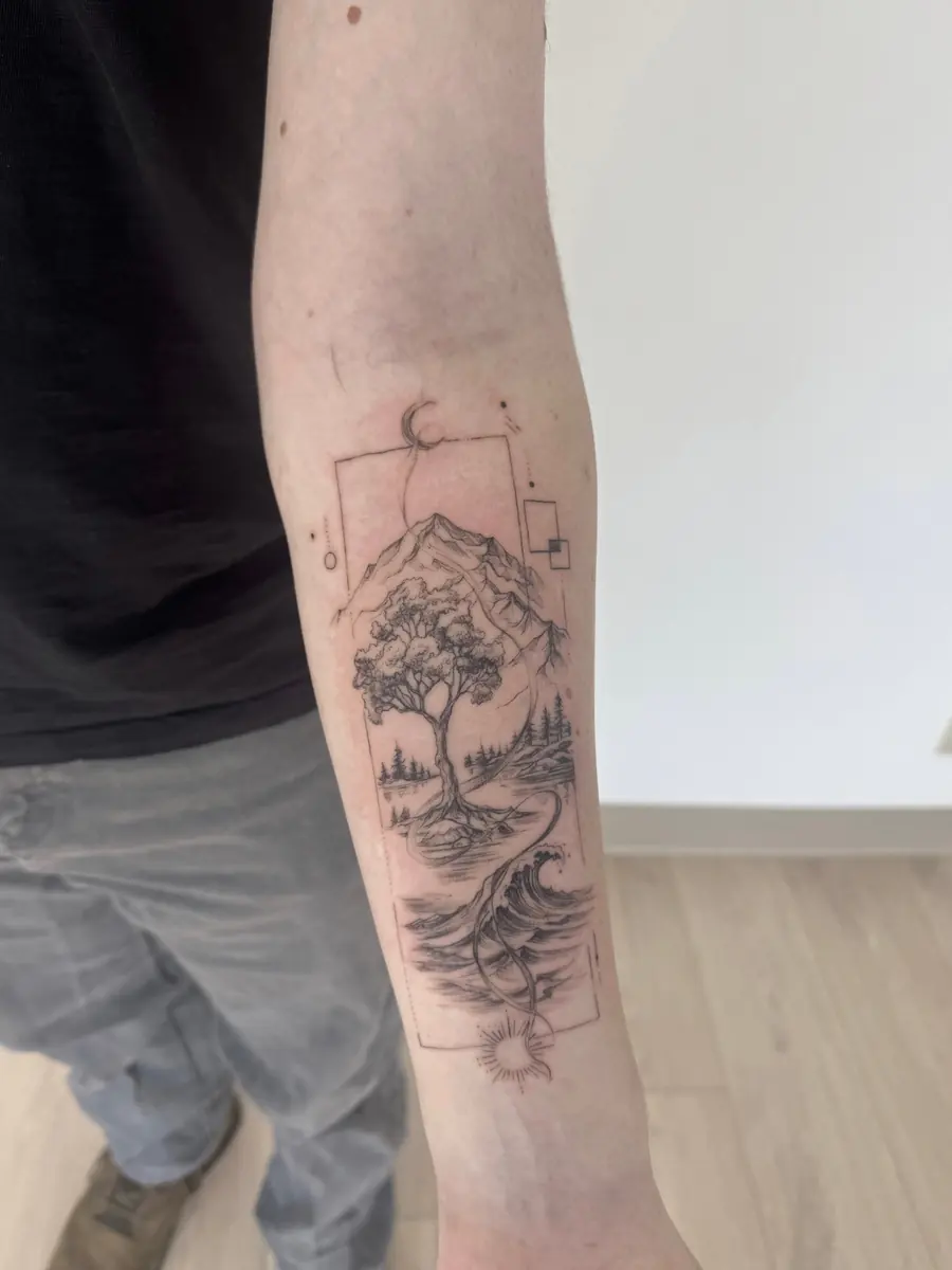 Tatuaż fine line — realizacja 96, autor @zezitattoo