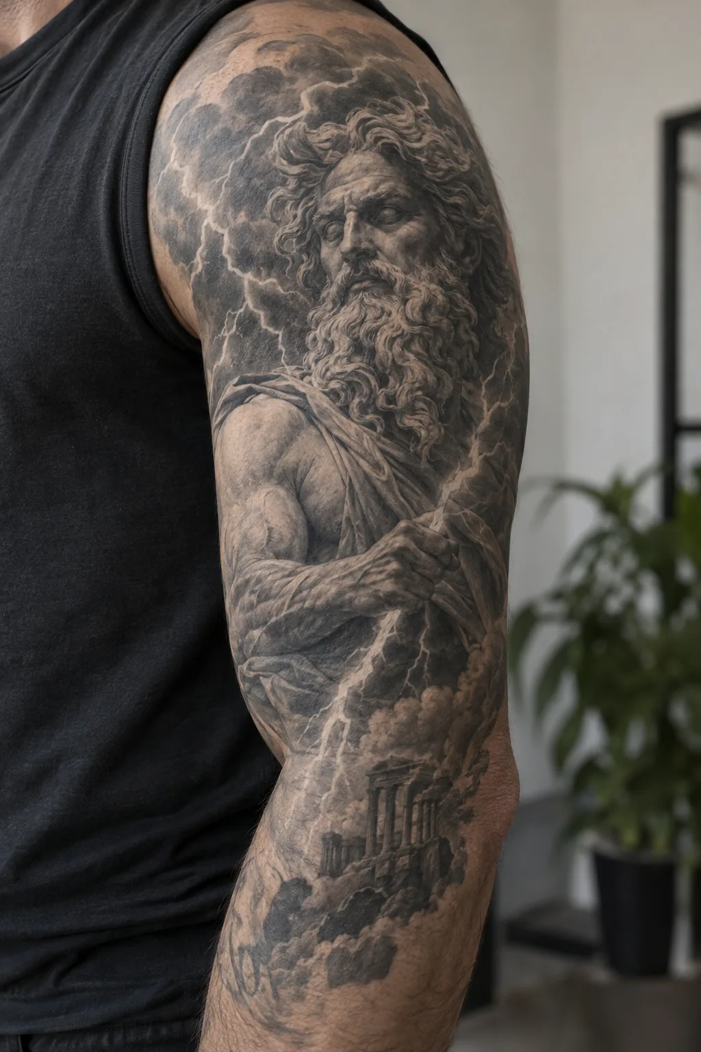 Fotorealistyczna wizualizacja redakcyjna: zeus i błyskawice na ramieniu — tatuaż na ciele