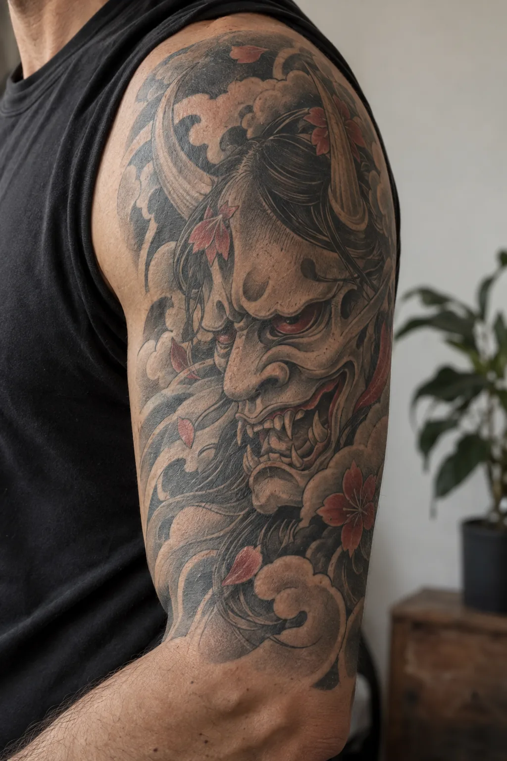 Fotorealistyczna wizualizacja redakcyjna: maska hannya na ramieniu — tatuaż na ciele