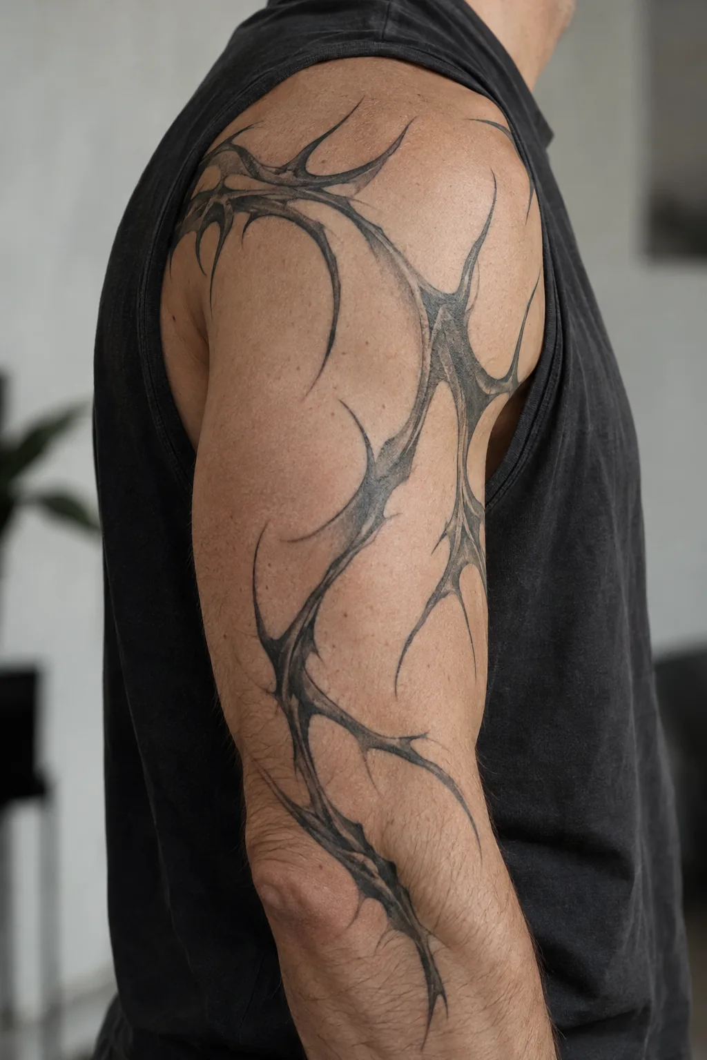 Fotorealistyczna wizualizacja redakcyjna: organiczny blackwork na ramieniu — tatuaż na ciele