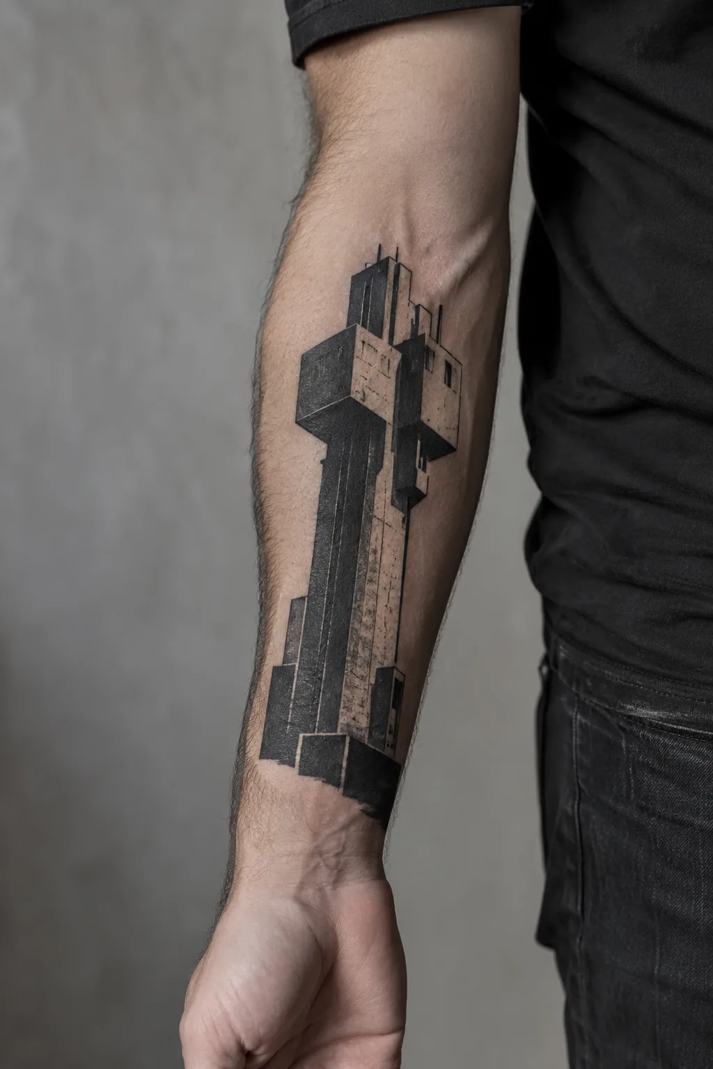 Fotorealistyczna wizualizacja redakcyjna: architektura w blackworku — tatuaż na ciele
