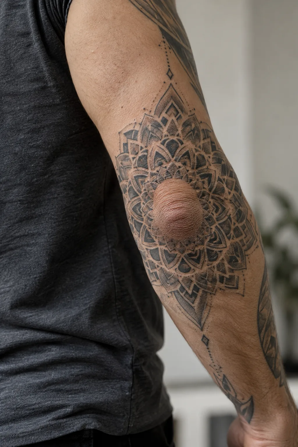 Fotorealistyczna wizualizacja redakcyjna: mandala na łokciu — tatuaż na ciele
