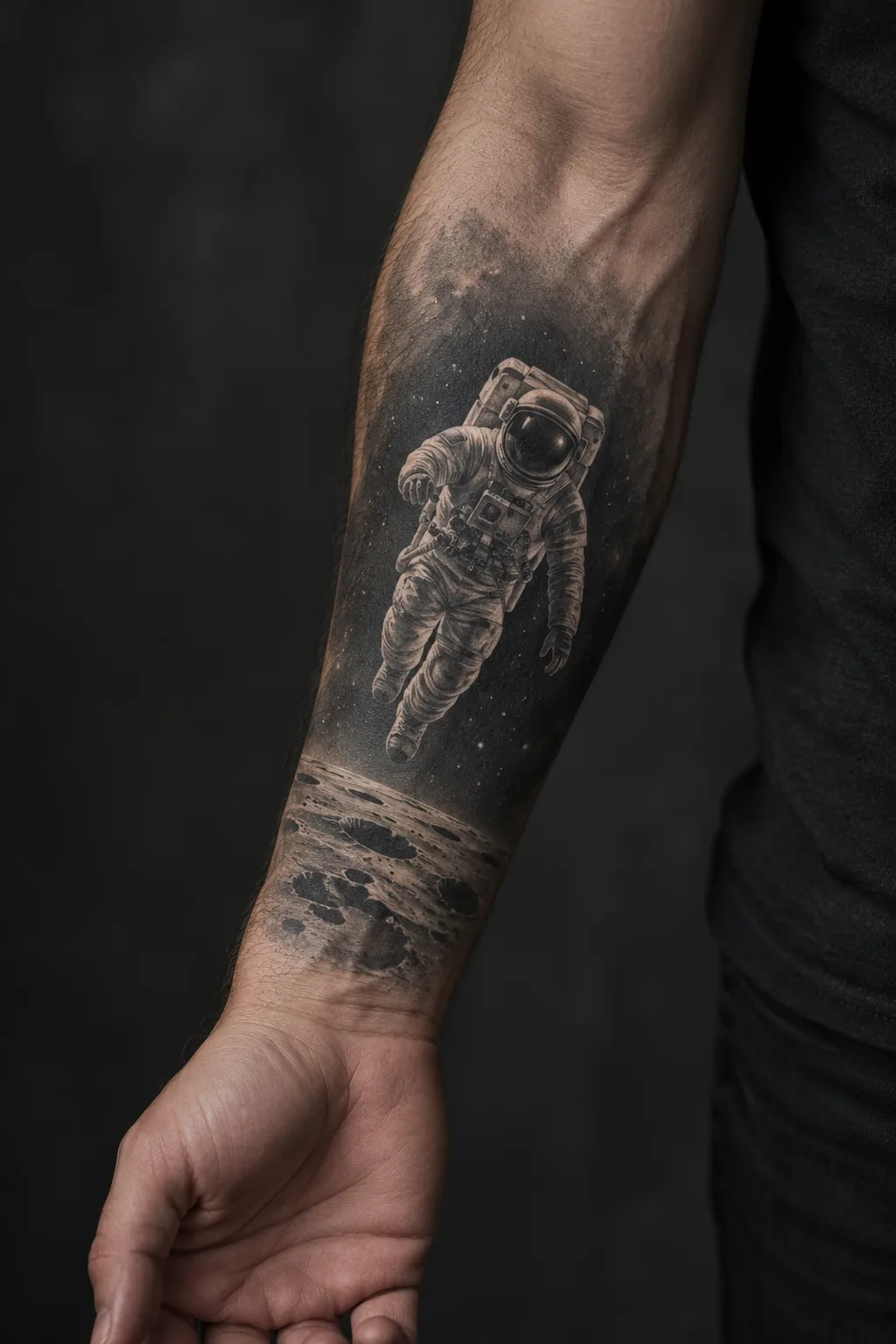 Fotorealistyczna wizualizacja redakcyjna: astronauta na przedramieniu — tatuaż na ciele