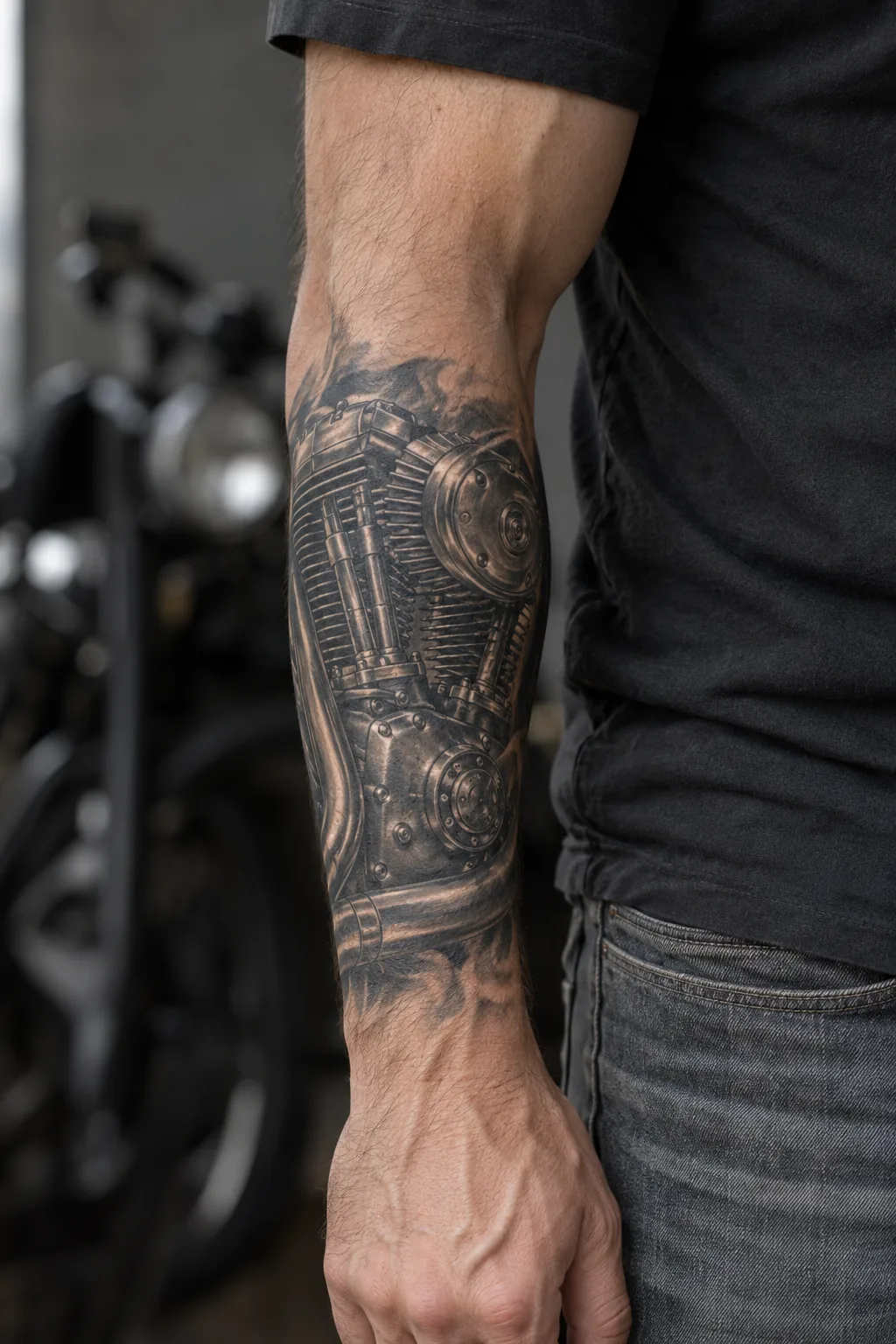 Fotorealistyczna wizualizacja redakcyjna: silnik motocyklowy — tatuaż na ciele