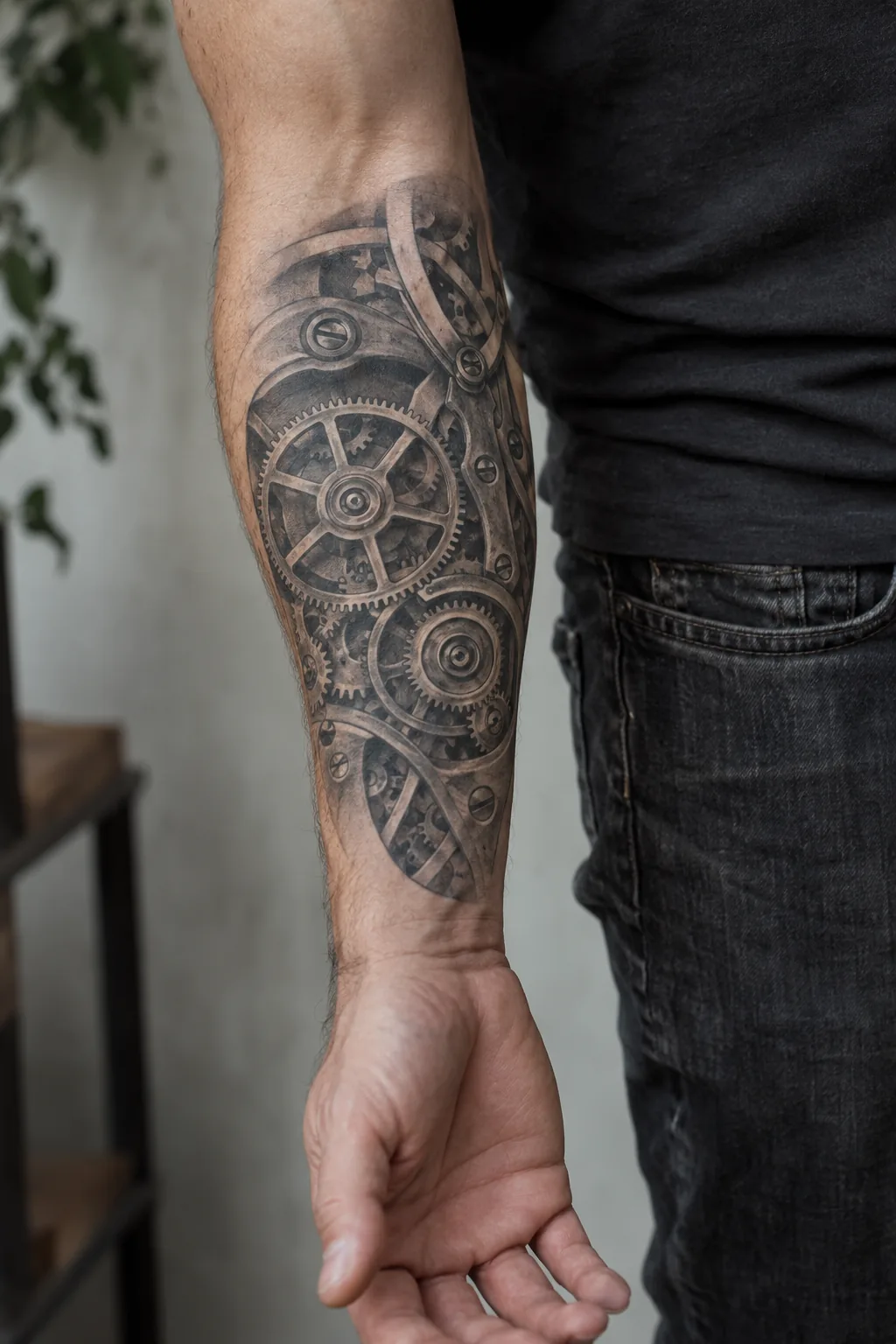 Fotorealistyczna wizualizacja redakcyjna: mechanizm zegarka — tatuaż na ciele