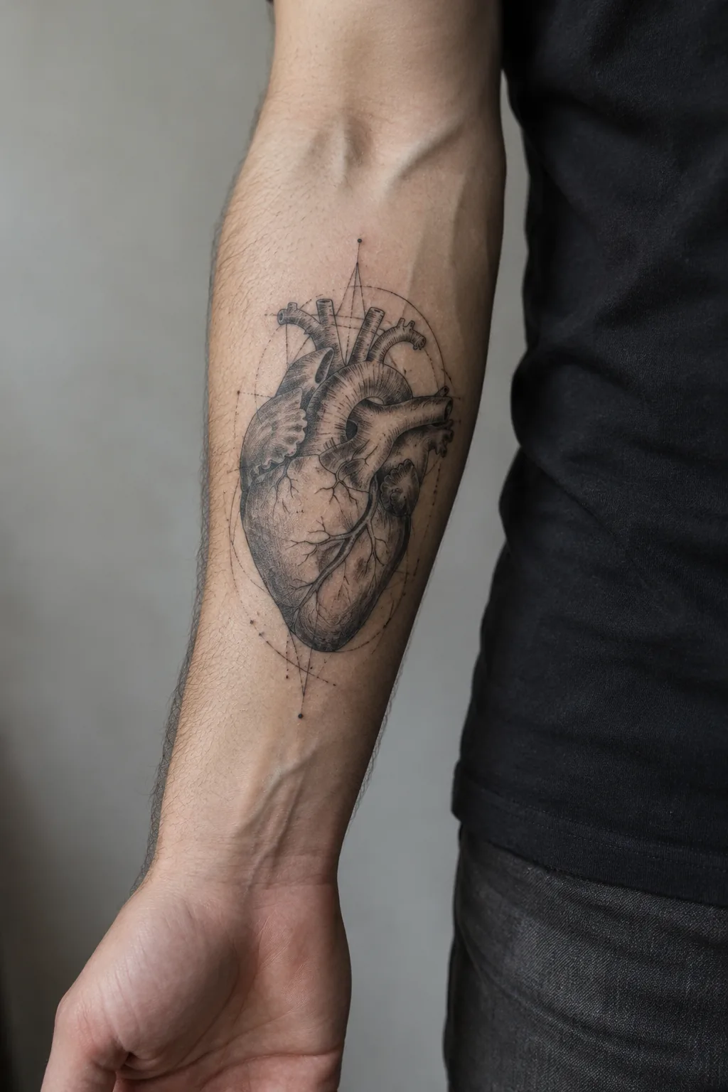 Fotorealistyczna wizualizacja redakcyjna: serce anatomiczne — tatuaż na ciele