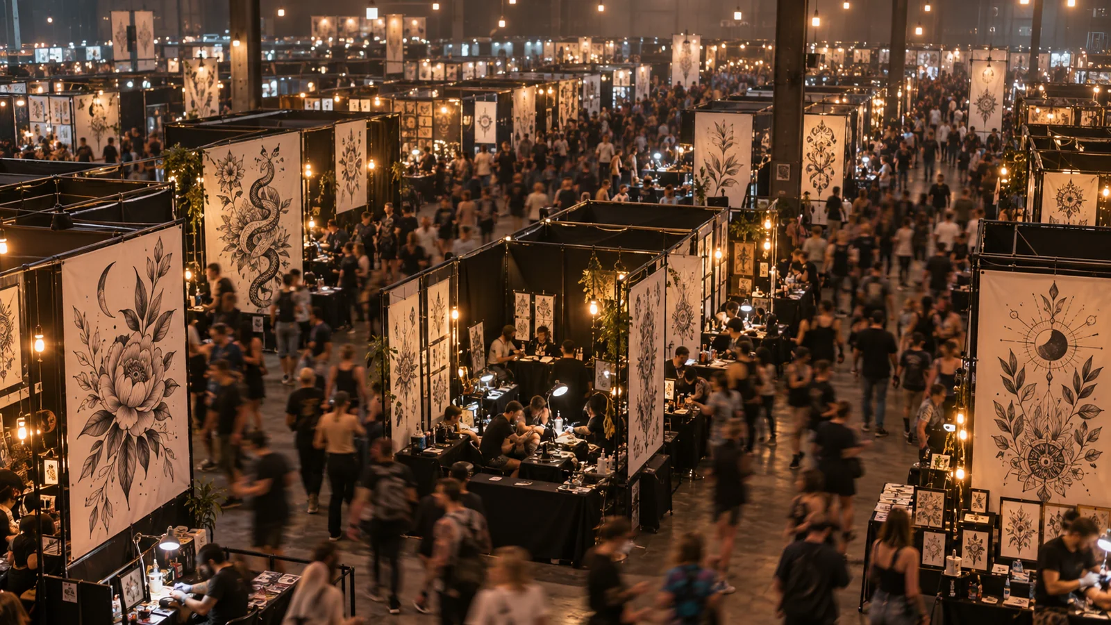 Ilustracja poglądowa: stanowiska tatuatorów na festiwalu tatuażu