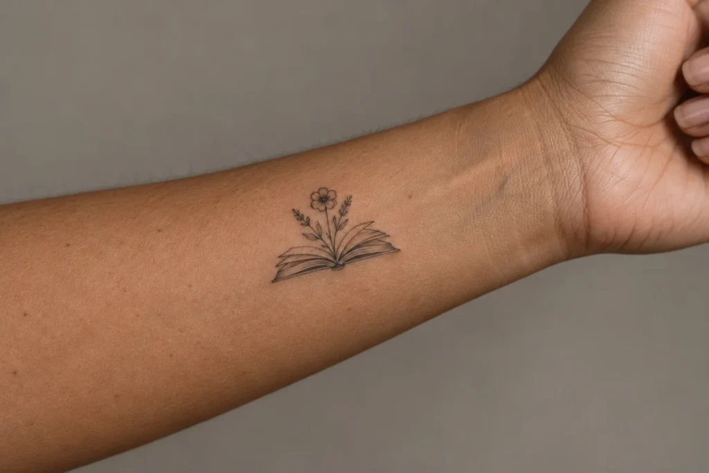 Wizualizacja projektu: Otwarta książka, z której wyrasta mały kwiat, na przedramieniu