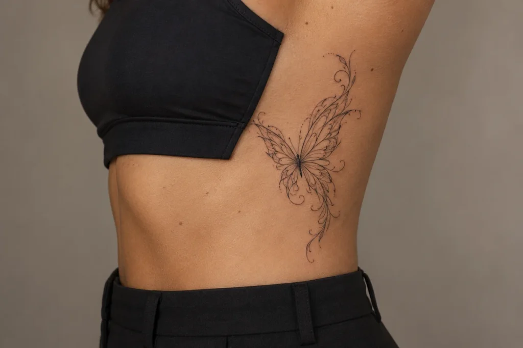 Wizualizacja projektu: Motyl z ornamentalnymi zawijasami na boku tułowia